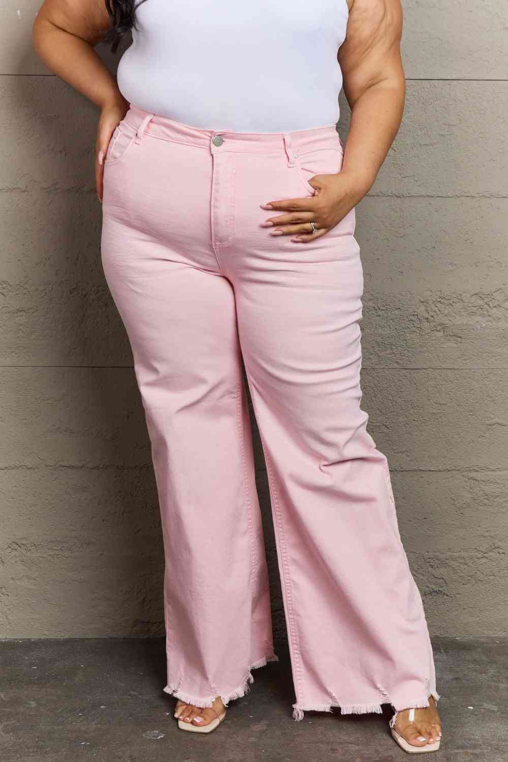 RISEN Raelene Full Size High Waist Wide Leg Jeans in Light Pink