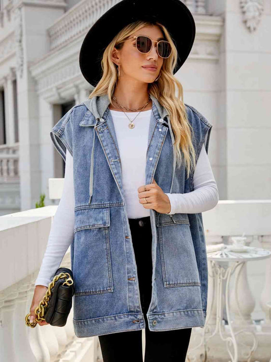 Hooded Sleeveless Denim Top with Pockets