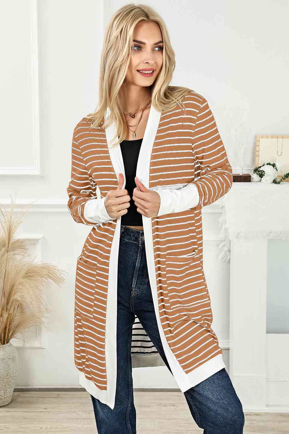 Striped Open Front Longline Cardigan