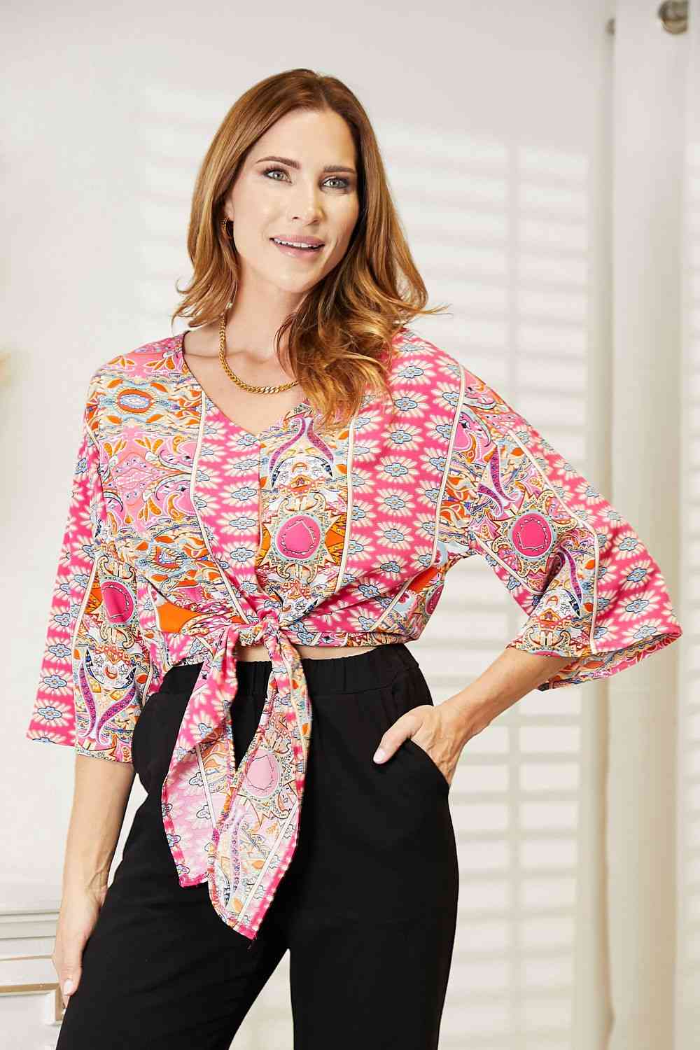 Double Take Tie Hem V-Neck Three-Quarter Sleeve Blouse