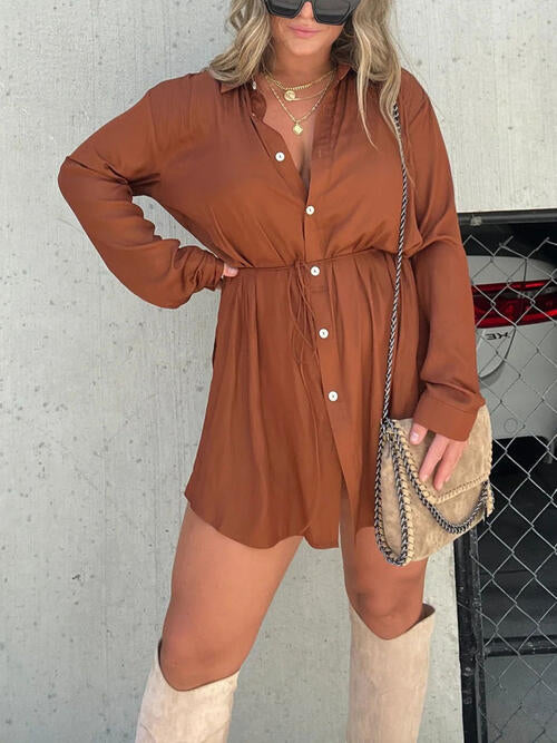 Button Up Long Sleeve Slit Shirt and Shorts Set