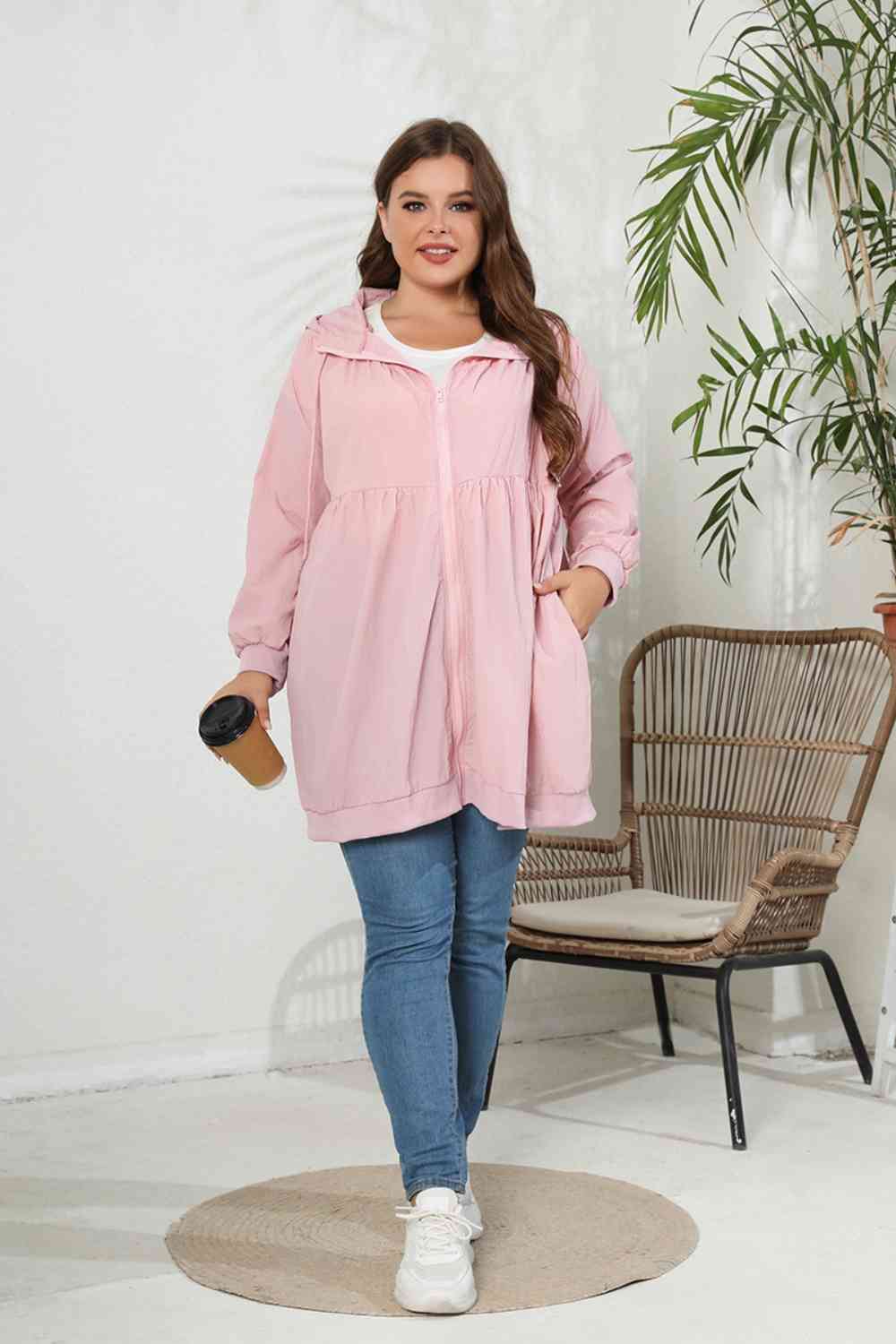 Plus Size Zip-Up Longline Hooded Jacket