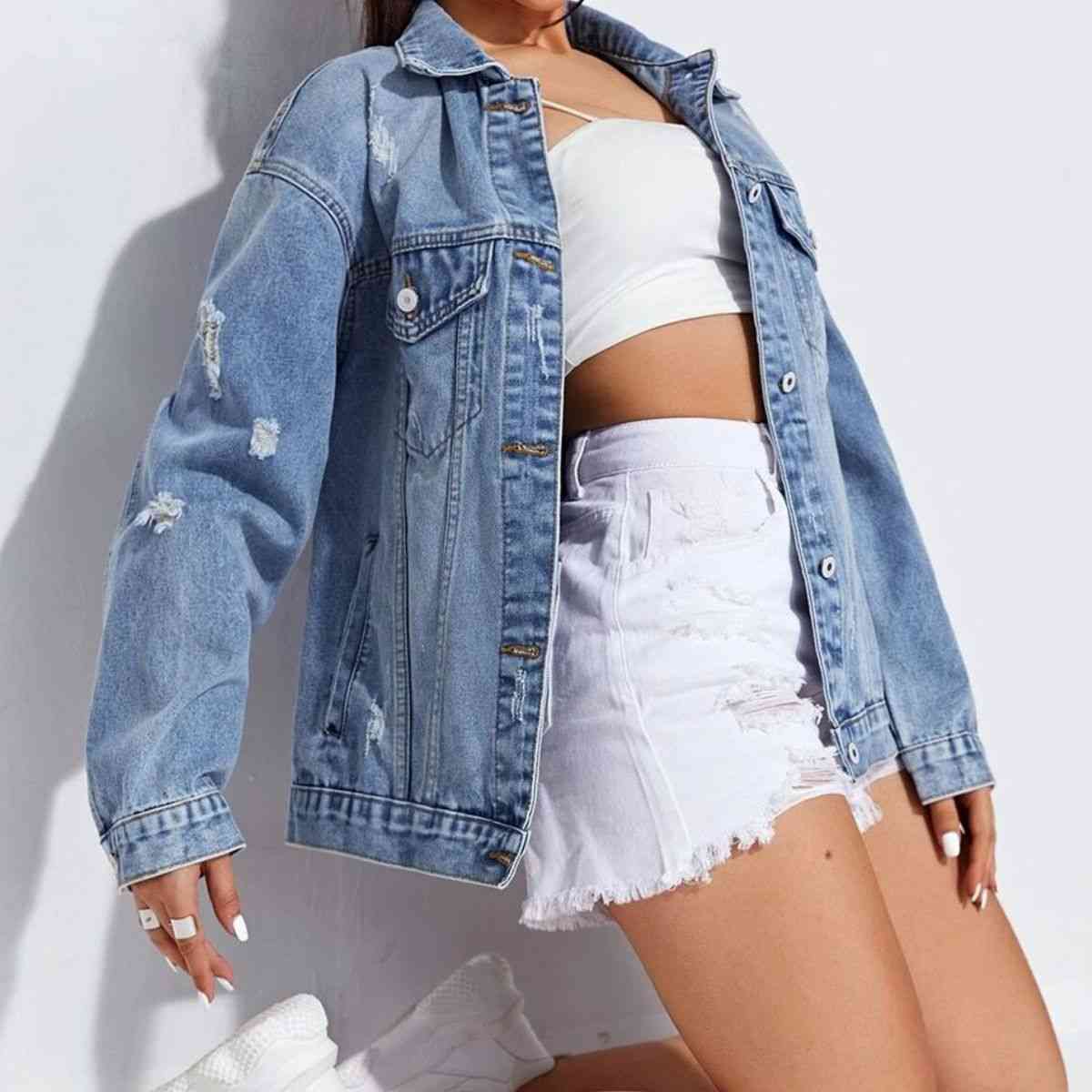 Collared Neck Button-Up Distressed Denim Jacket