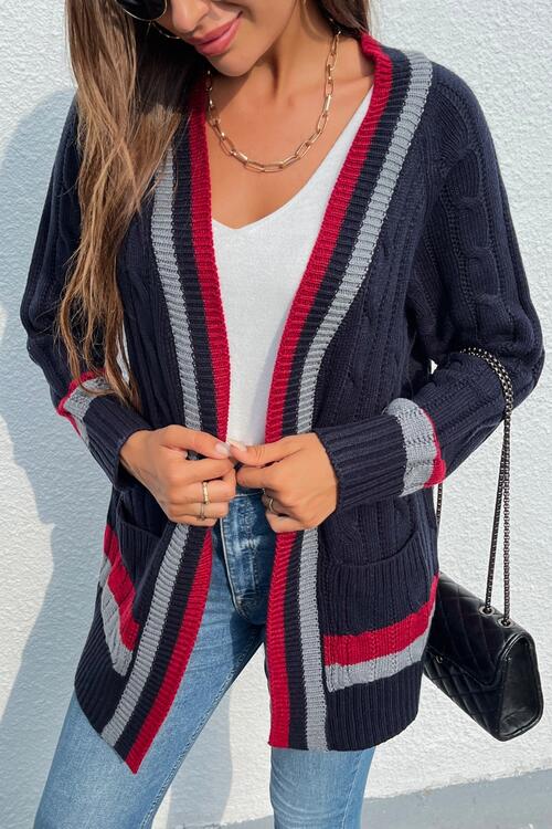 Open Front Striped Long Sleeve Cardigan