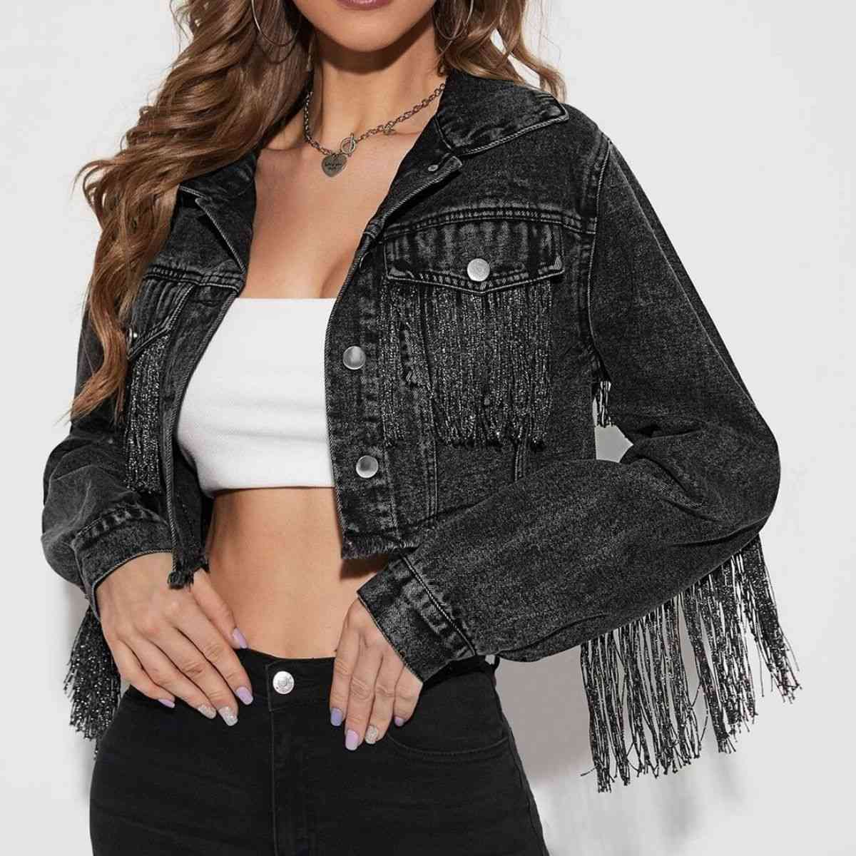 Fringe Detail Long Sleeve Cropped Denim Jacket