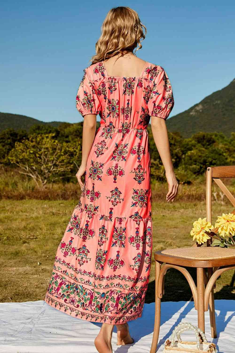 Floral Ruched Puff Sleeve Tiered Maxi Dress