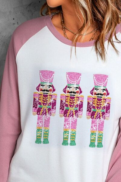 Nutcracker Sequin Round Neck Long Sleeve T-Shirt