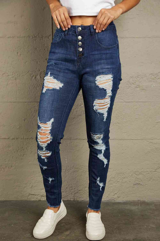 Baeful Distressed Button Fly Raw Hem Jeans