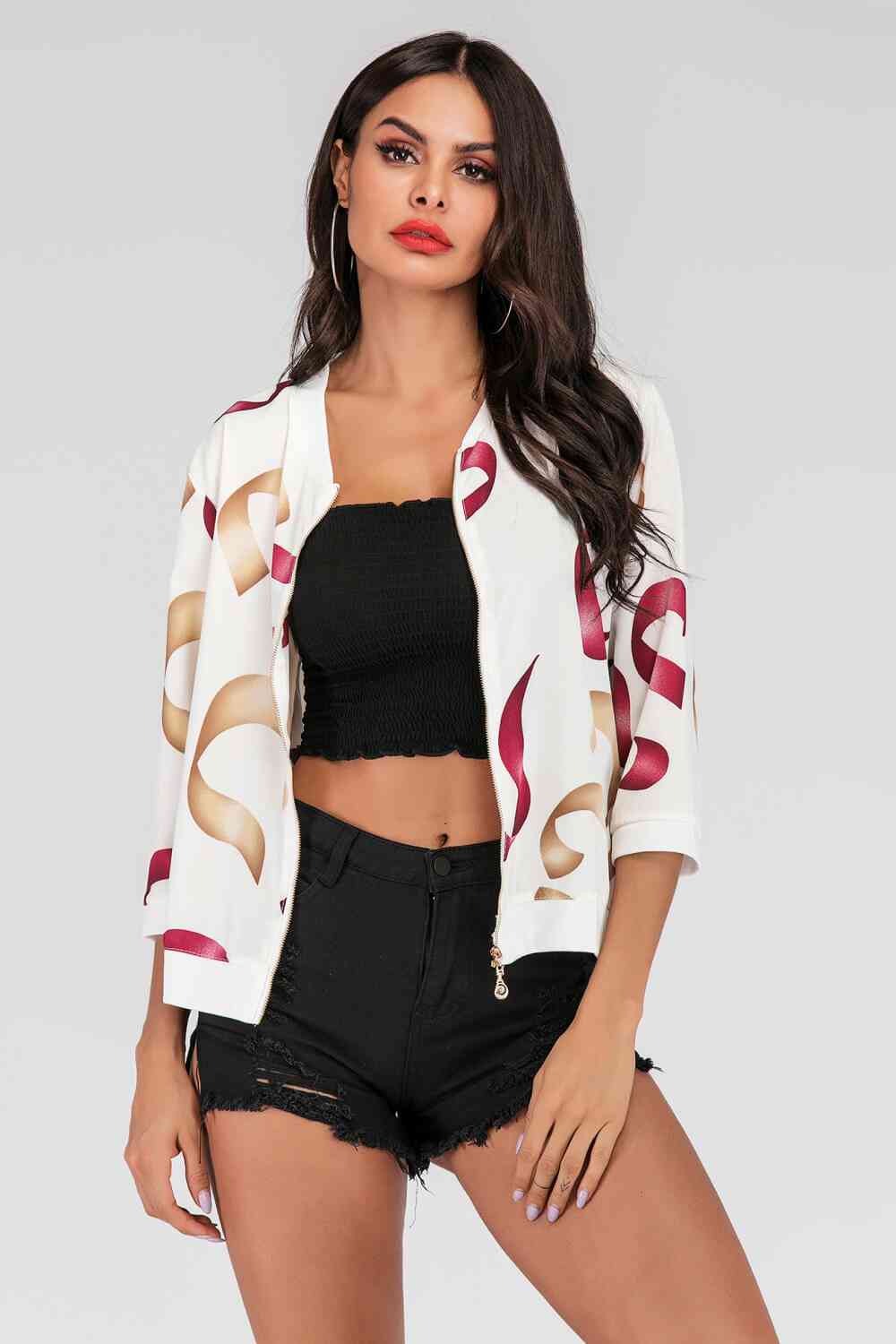 Printed Zip-Up Three-Quarter Sleeve Bomber Jacket