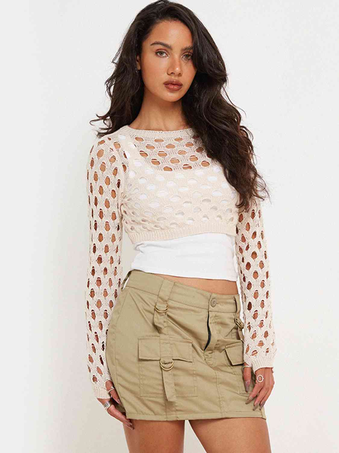 Openwork Long Sleeve Cropped Knit Top