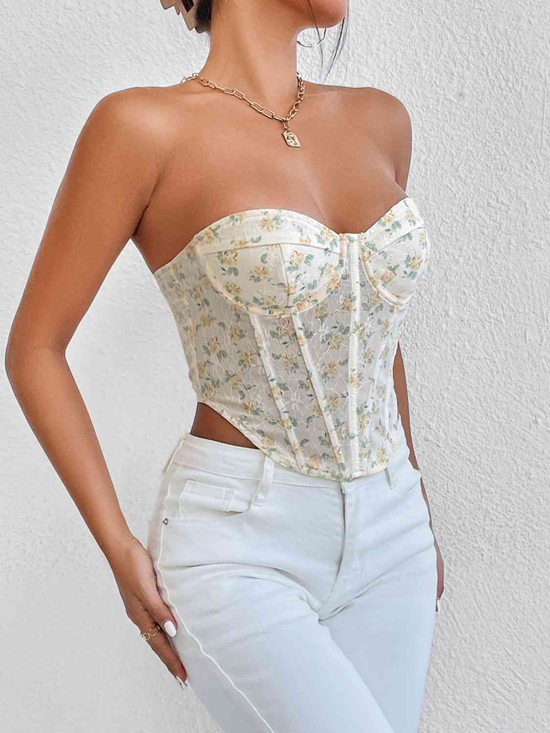 Floral Lace-Up Strapless Bustier