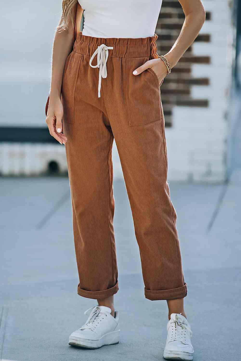 Drawstring Waist Corduroy Pants with Pockets