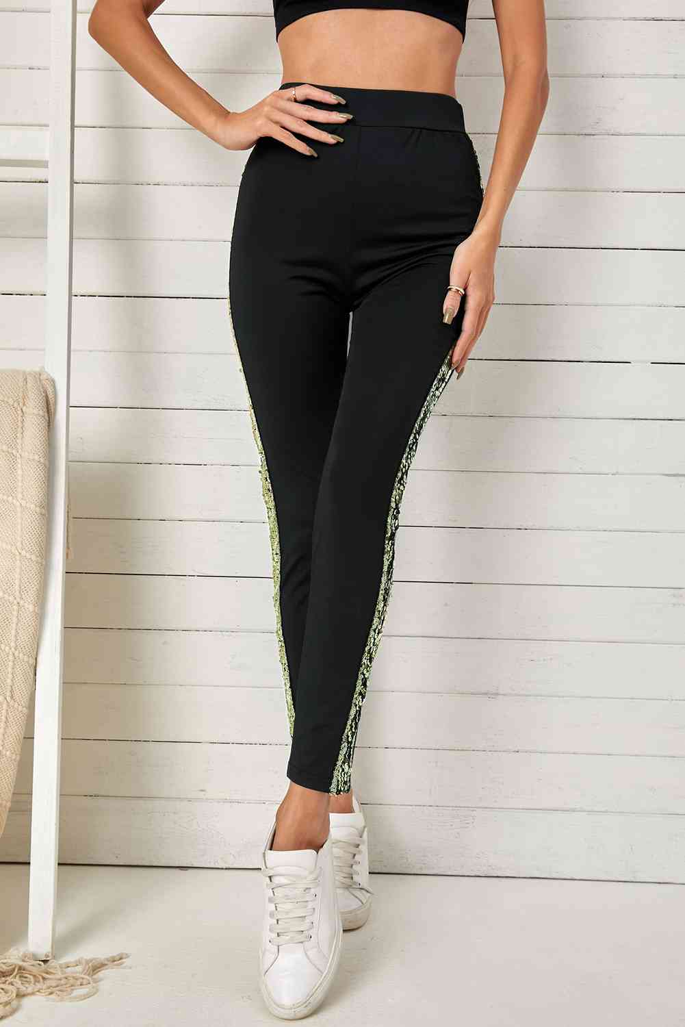 Double Take Sequin Stripe High Waist Ankle Length Pants