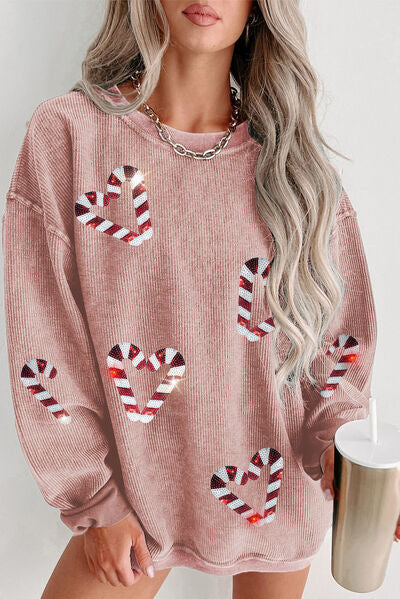 Candy Cane Sequin Dropped Shoulder Sweatshirt