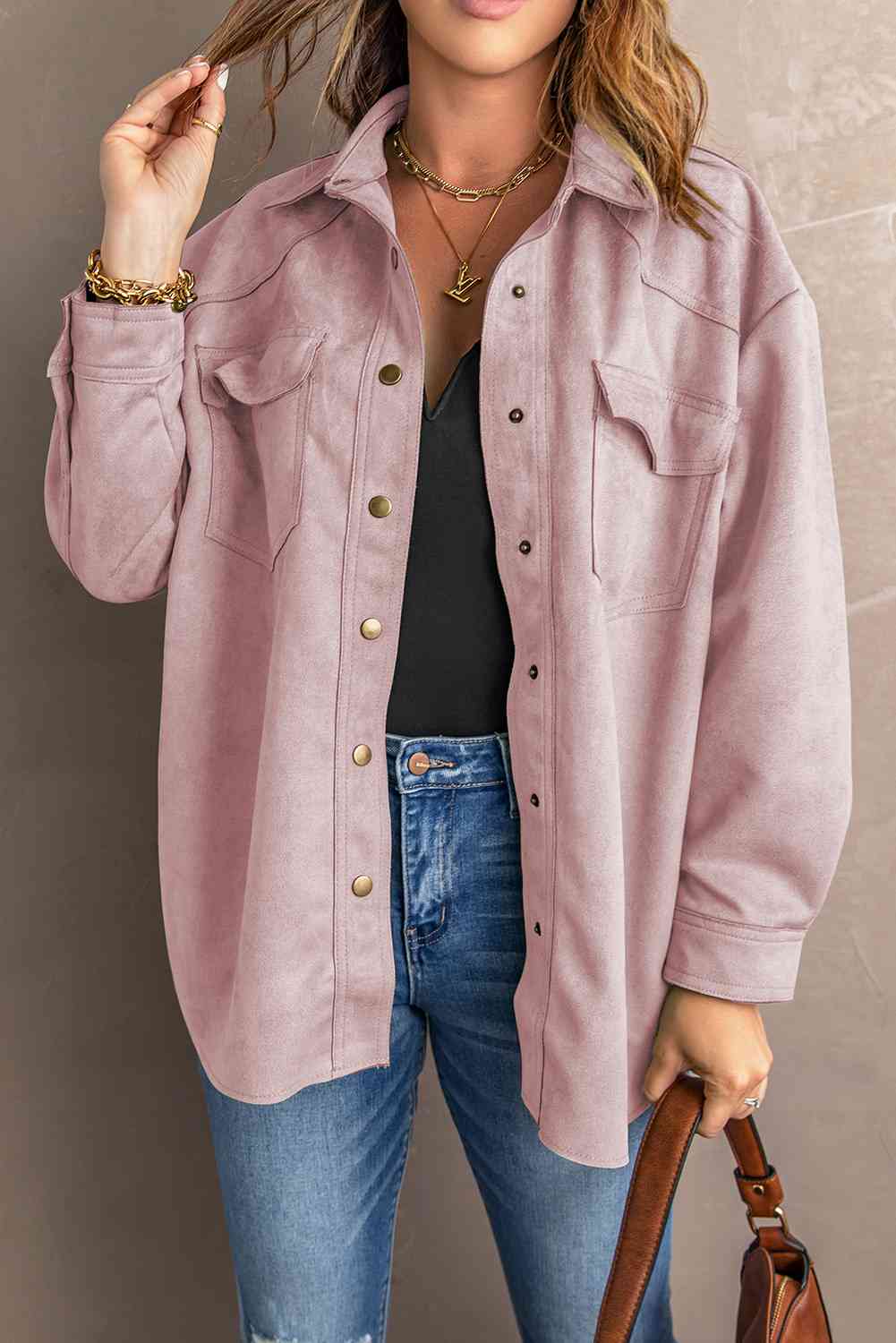 Double Take Suede Snap Front Dropped Shoulder Jacket