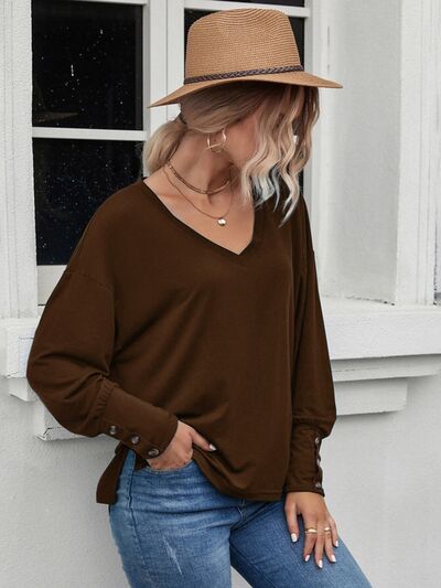 Decorative Button V-Neck Long Sleeve T-Shirt