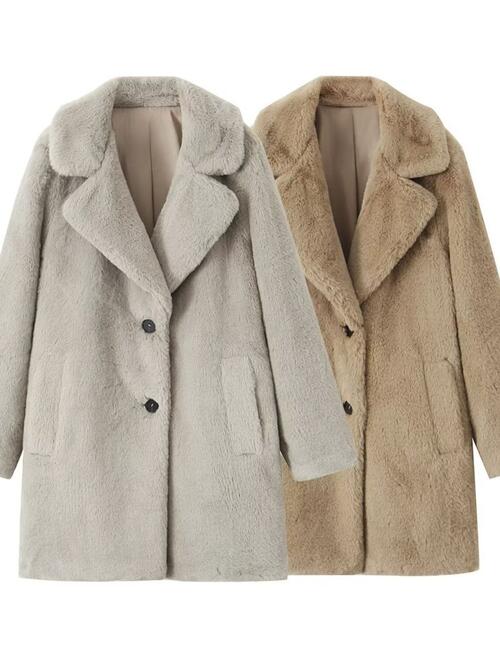 Faux Fur Button Up Lapel Neck Coat with Pocket