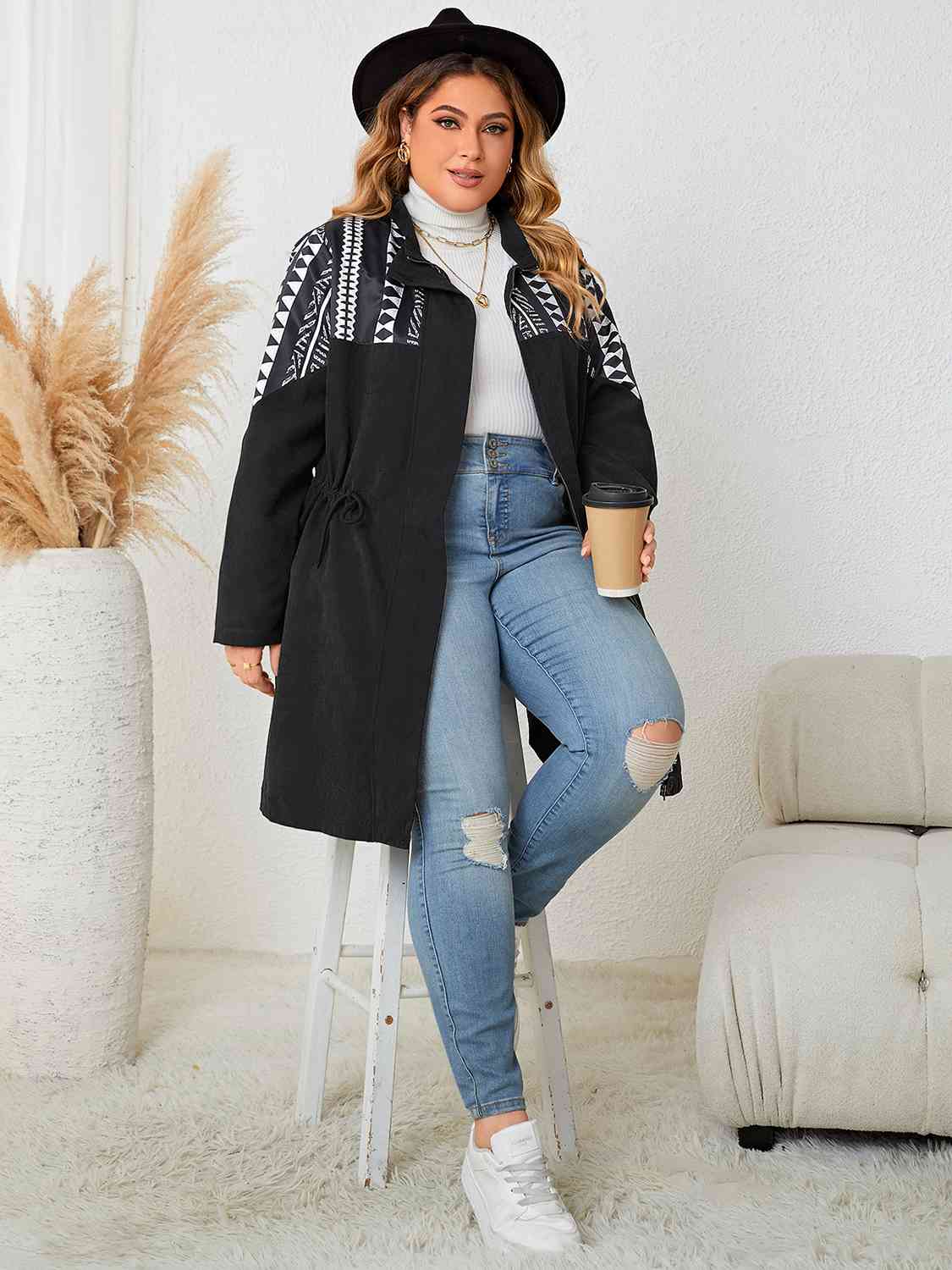 Plus Size Drawstring Waist Trench Coat