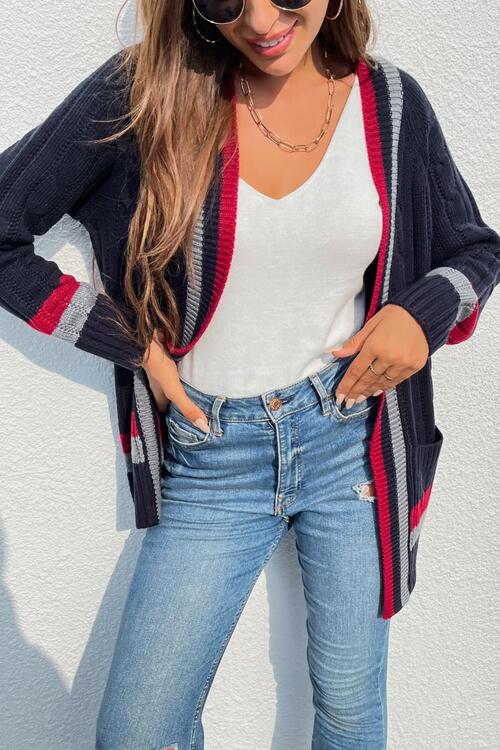 Open Front Striped Long Sleeve Cardigan