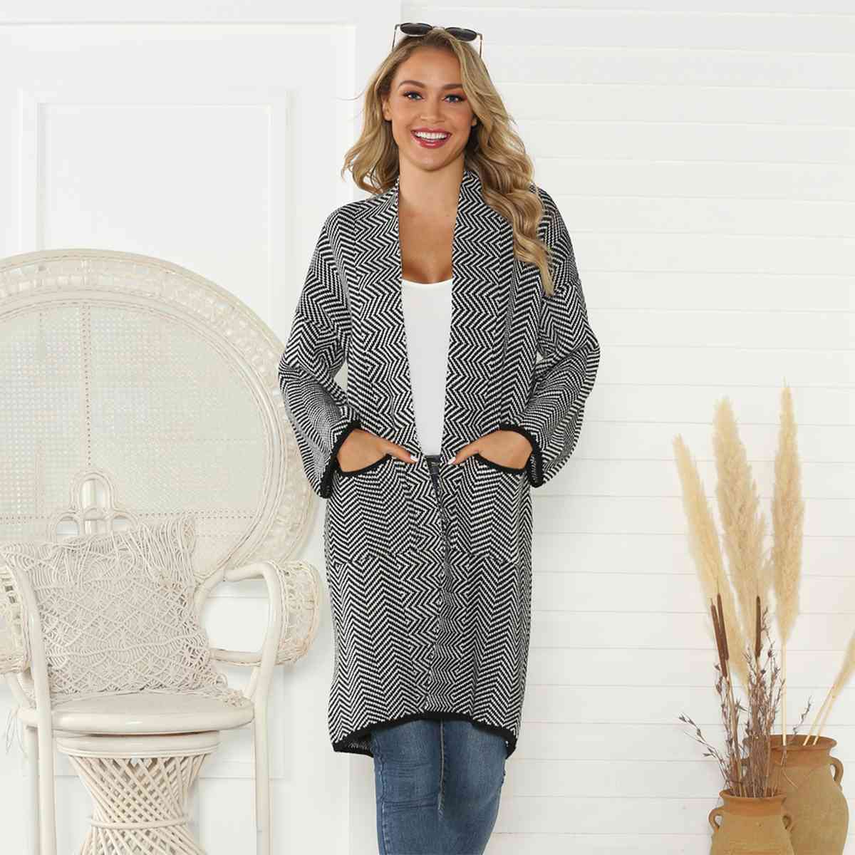 Geometric Open Front Cardigan with Pockets