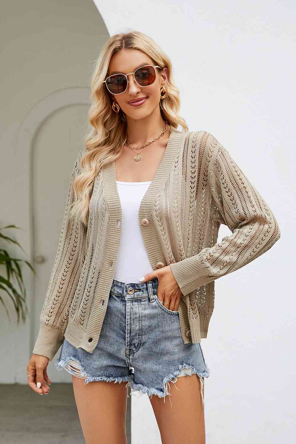 Openwork Button Front V-Neck Cardigan