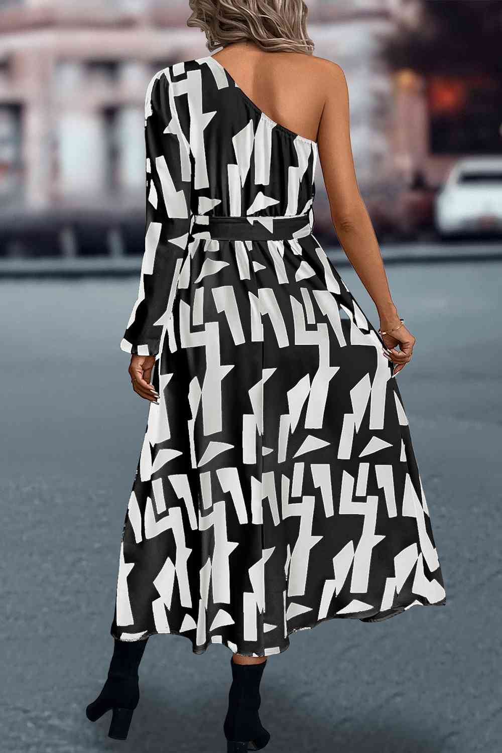 Printed One-Shoulder Tie Waist Dress