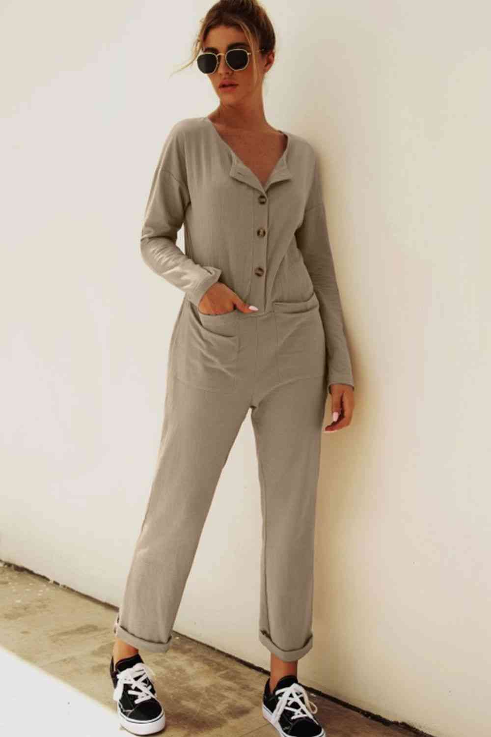 Buttoned Drop Shoulder Pocket Jumpsuit