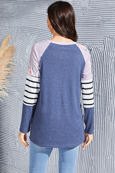 Striped Round Neck Raglan Sleeve T-Shirt