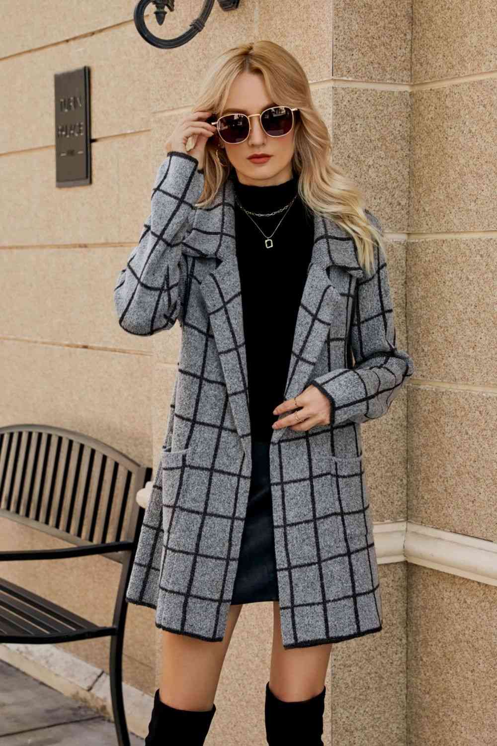 Double Take Printed Open Front Lapel Collar Cardigan with Pockets