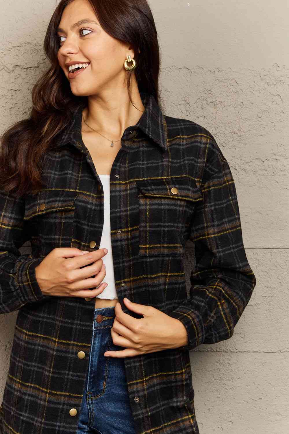 Ninexis Full Size Plaid Collared Neck Button-Down Long Sleeve Jacket