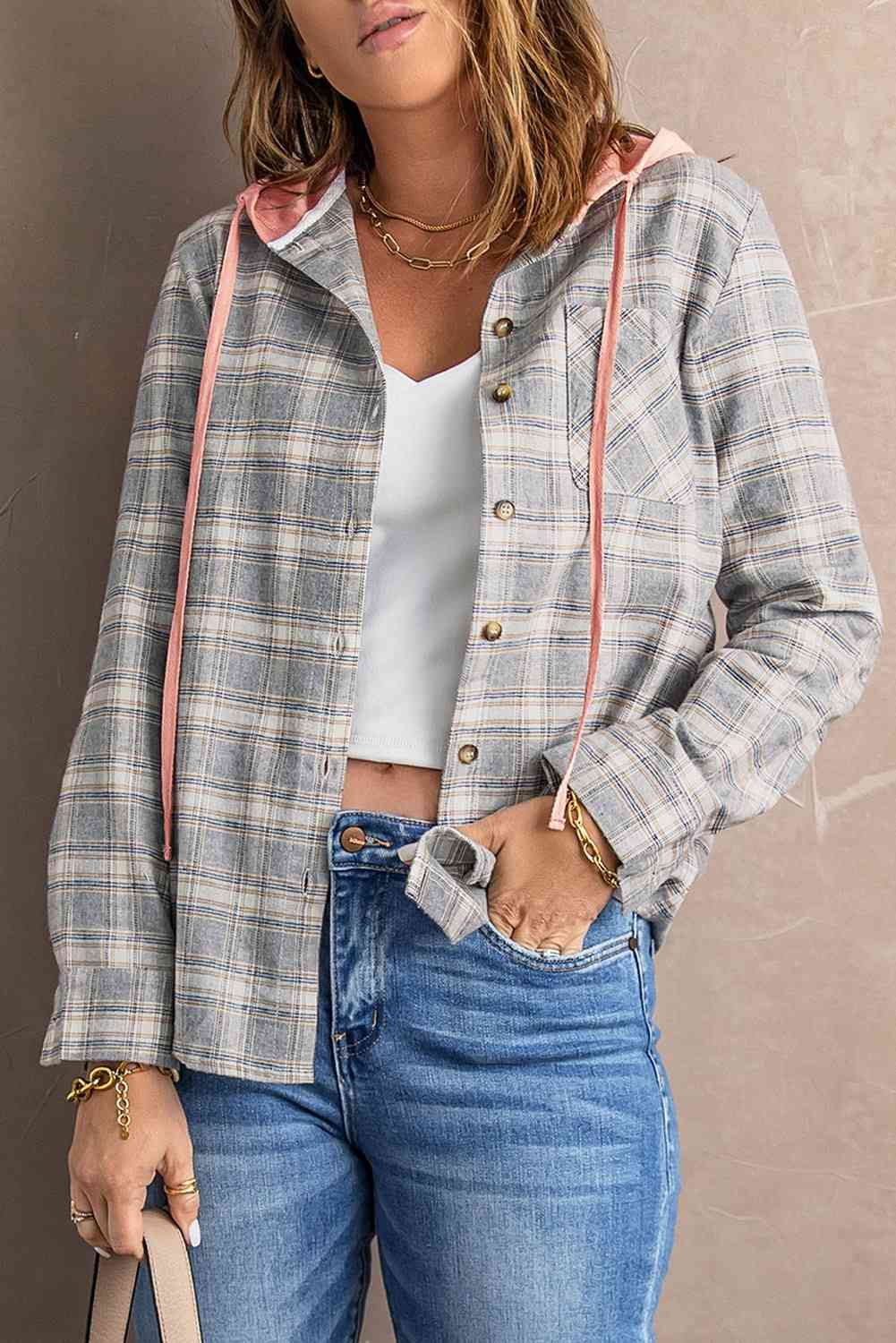 Plaid Drawstring Hooded Shirt Jacket