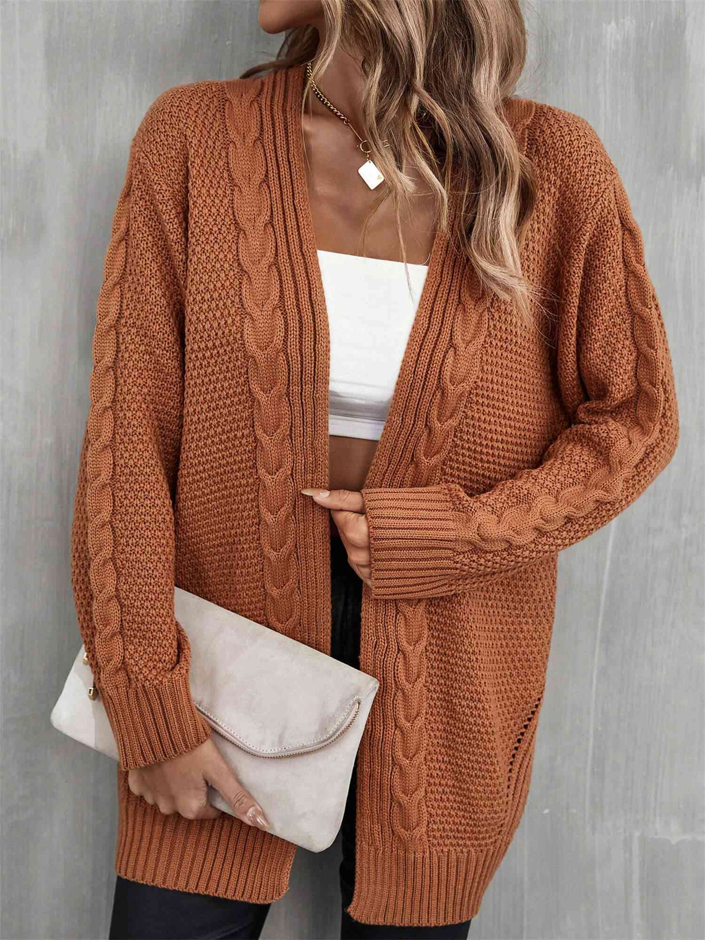 Warm Fall Mixed Knit Open Front Longline Cardigan