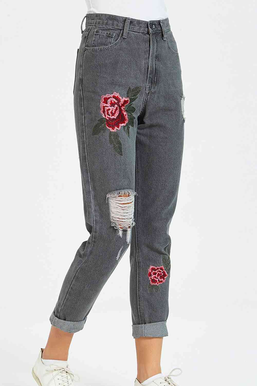 Flower Embroidery Distressed Jeans