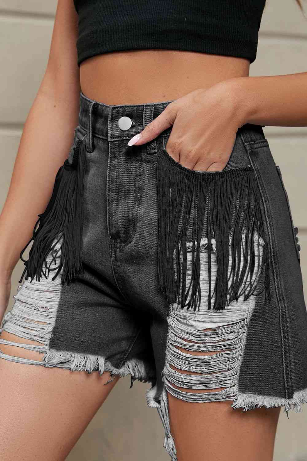 Fringe Trim Distressed Denim Shorts with Pockets