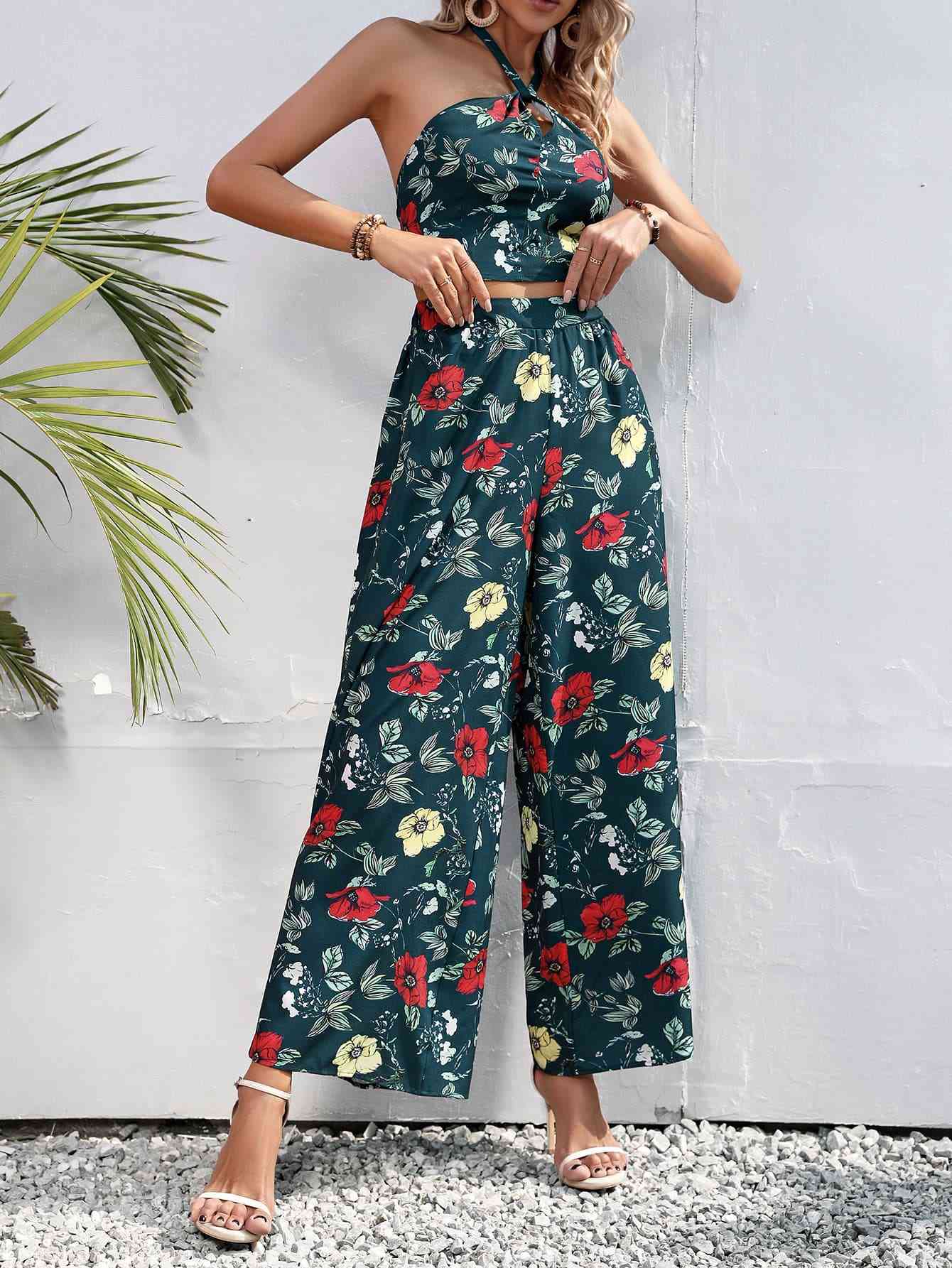 Floral Halter Neck Top and Wide Leg Pants Set