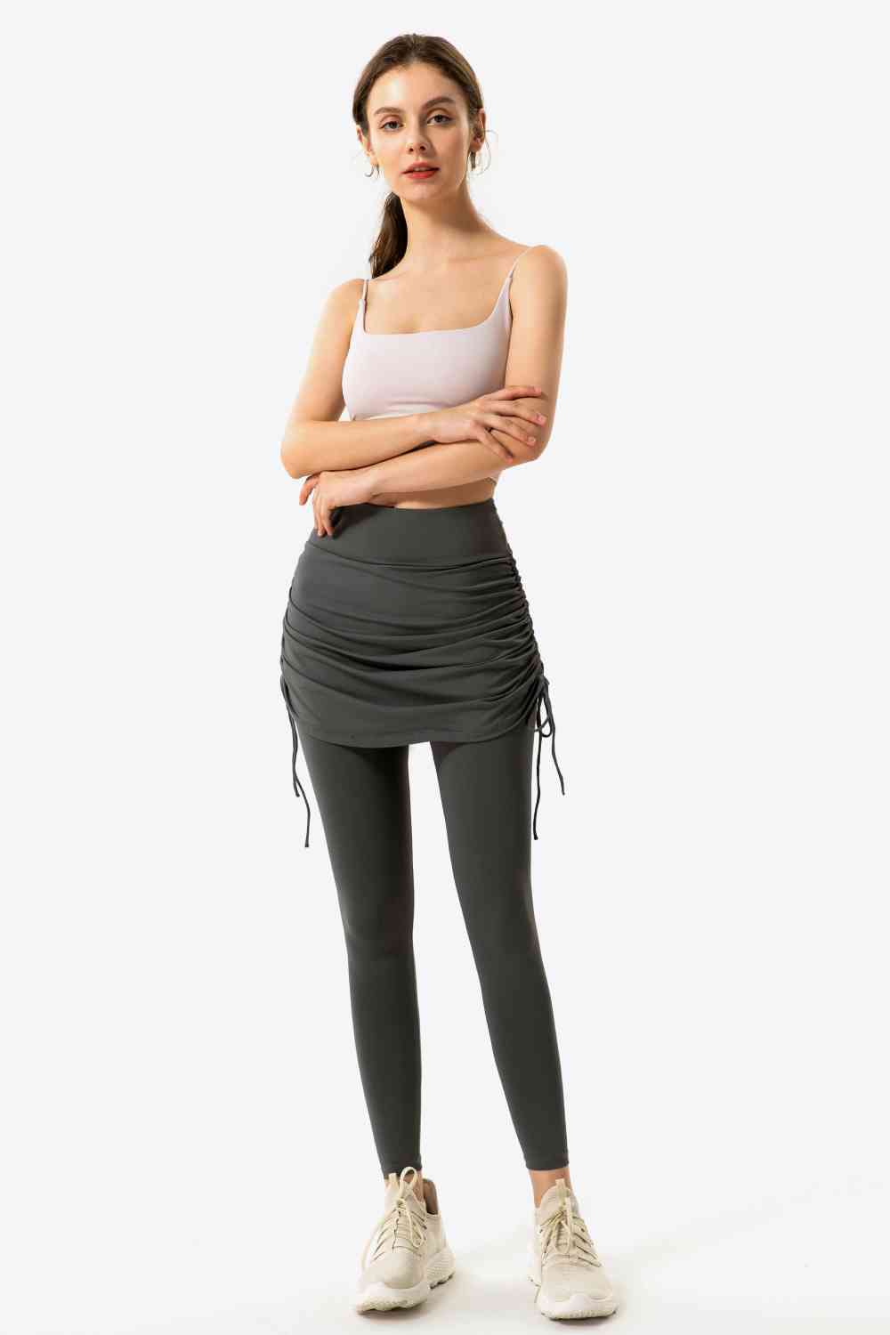 Drawstring Ruched Faux Layered Yoga Leggings