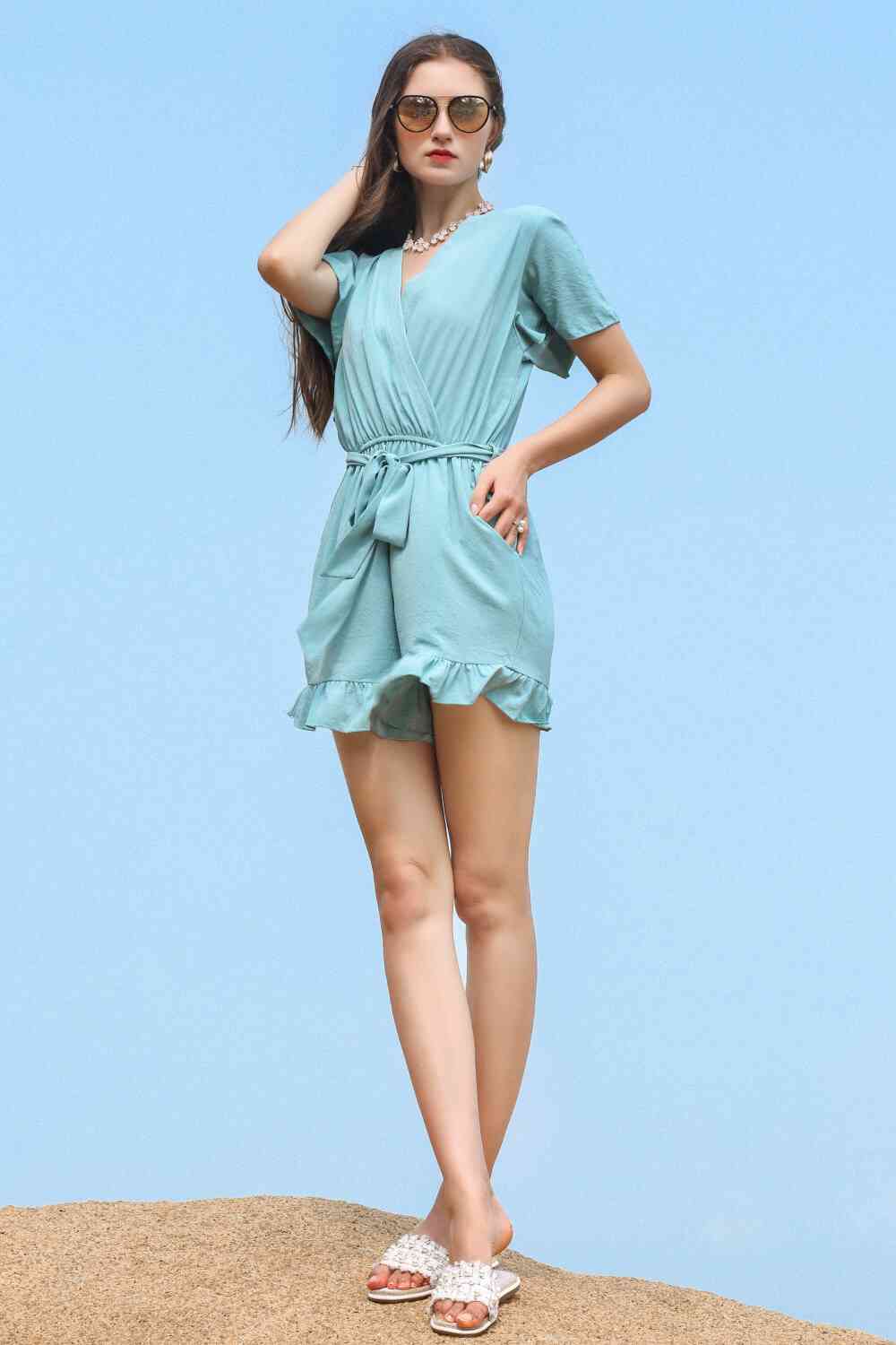 Ruffle Trim Belted Surplice Flutter Sleeve Romper