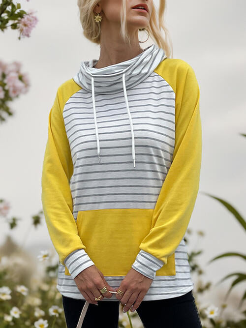 Contrast Striped Drawstring Long Sleeve Sweatshirt