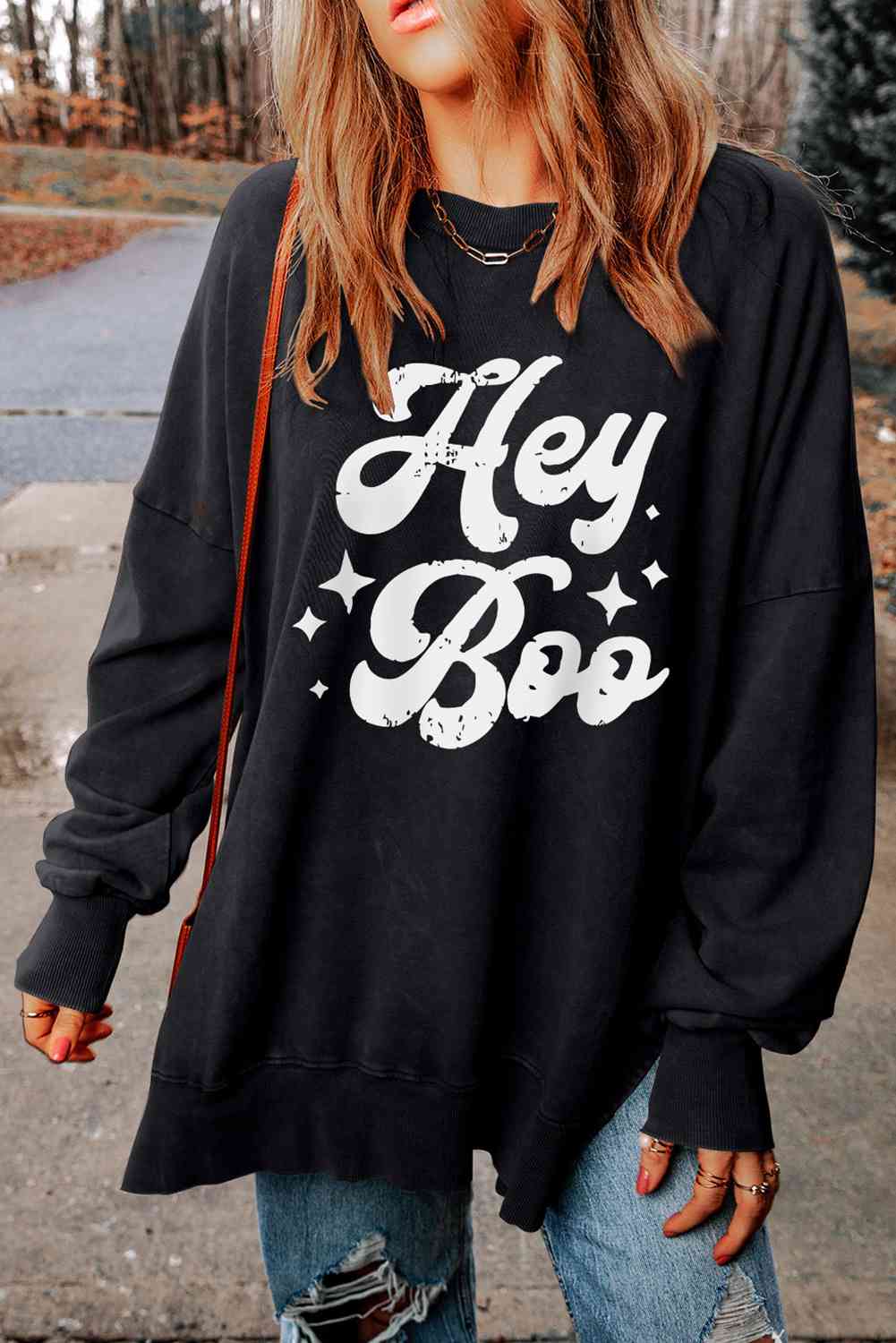 HEY BOO Graphic Round Neck Sweatshirt