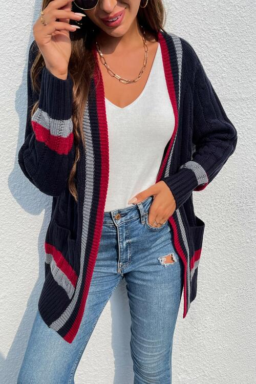 Open Front Striped Long Sleeve Cardigan