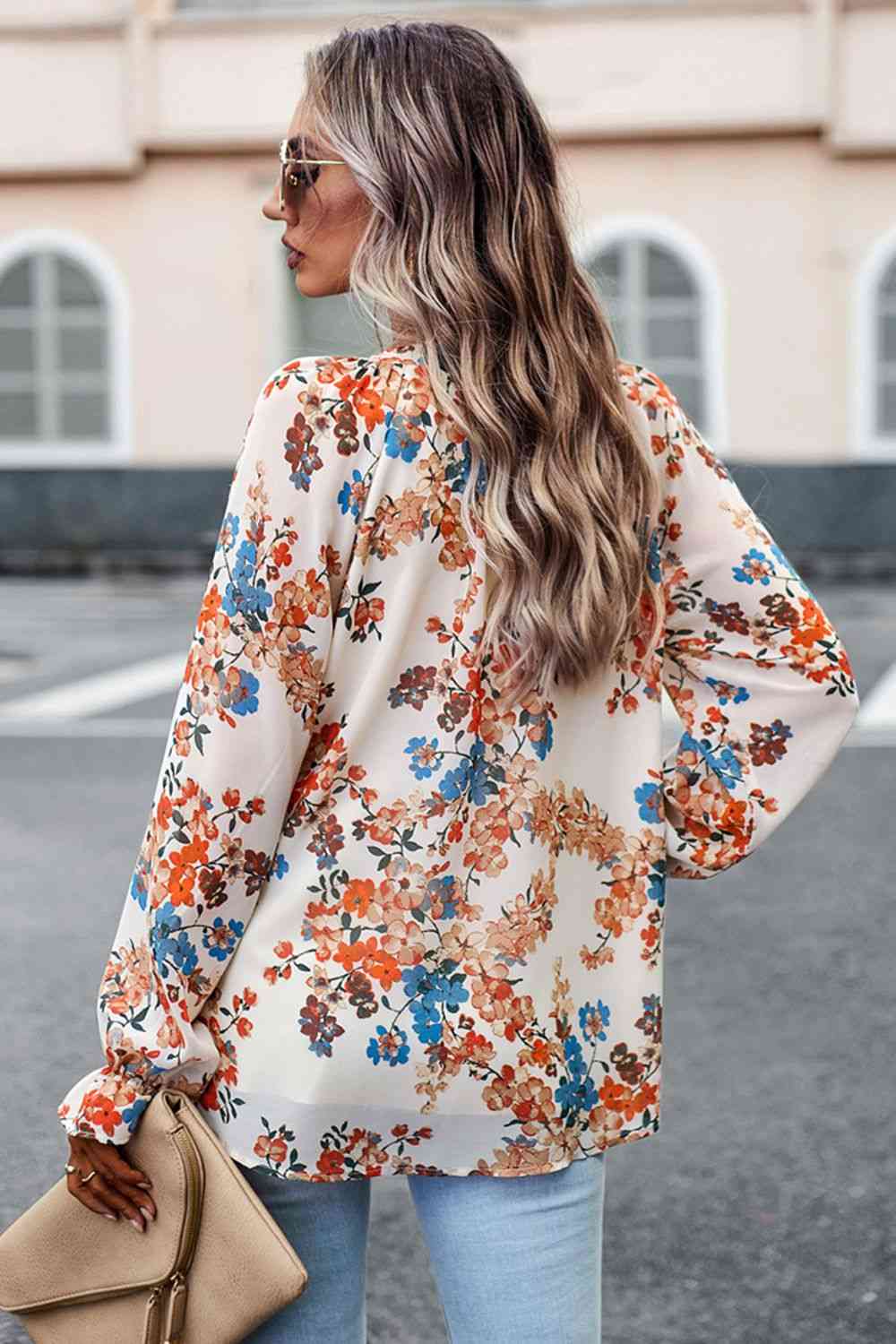 Floral Print Flounce Sleeve Blouse