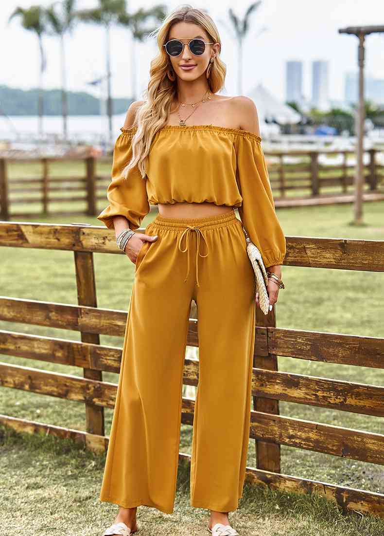 Off-Shoulder Blouse and Drawstring Waist Pants Set