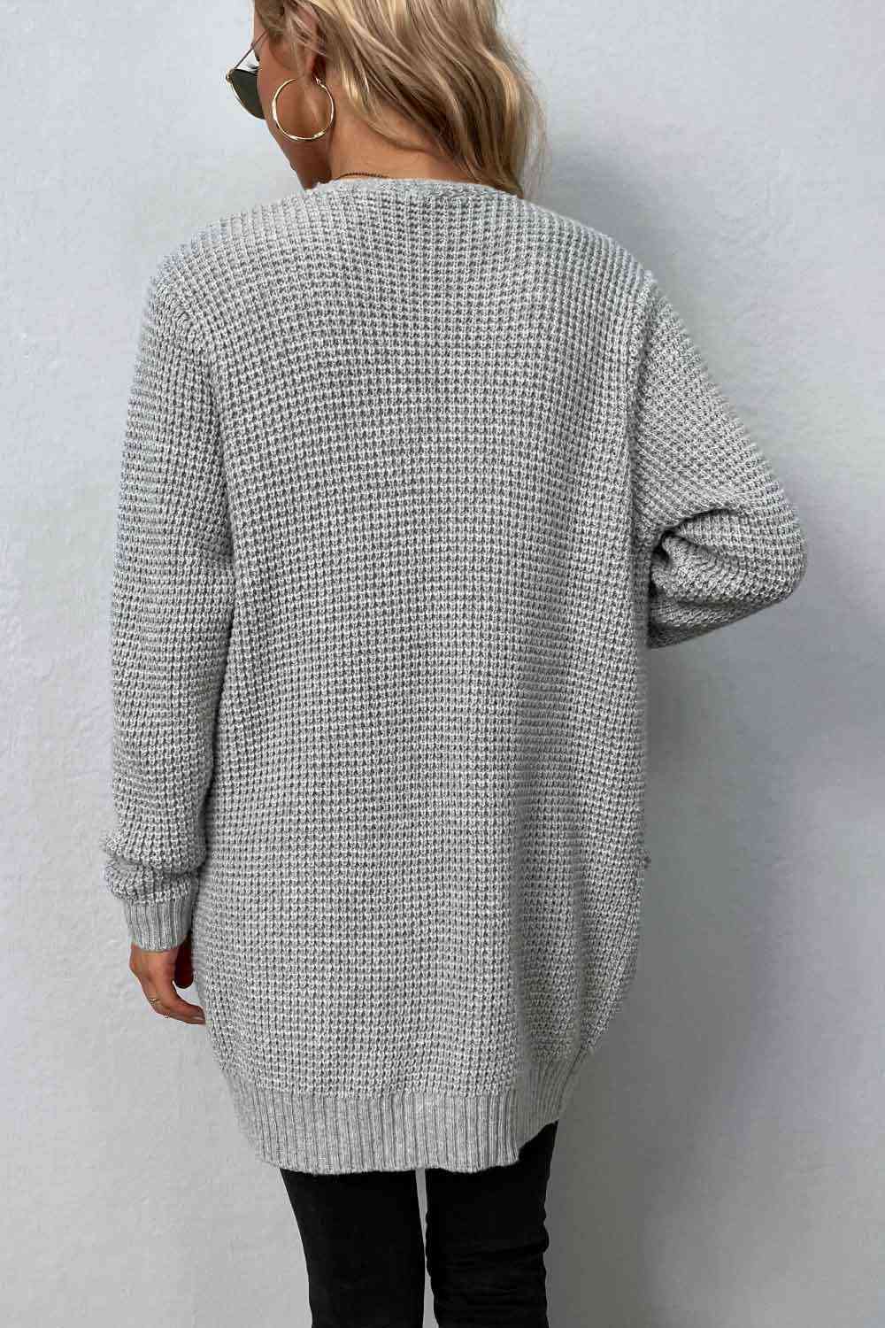 Rib-Knit Open Front Pocketed Cardigan