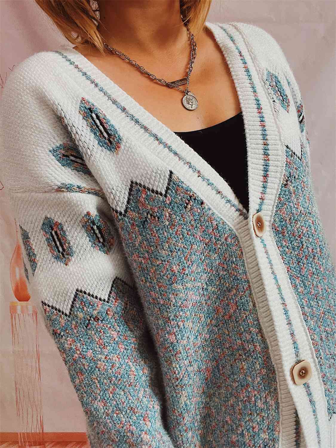 Geometric Button Front Long Sleeve Cardigan