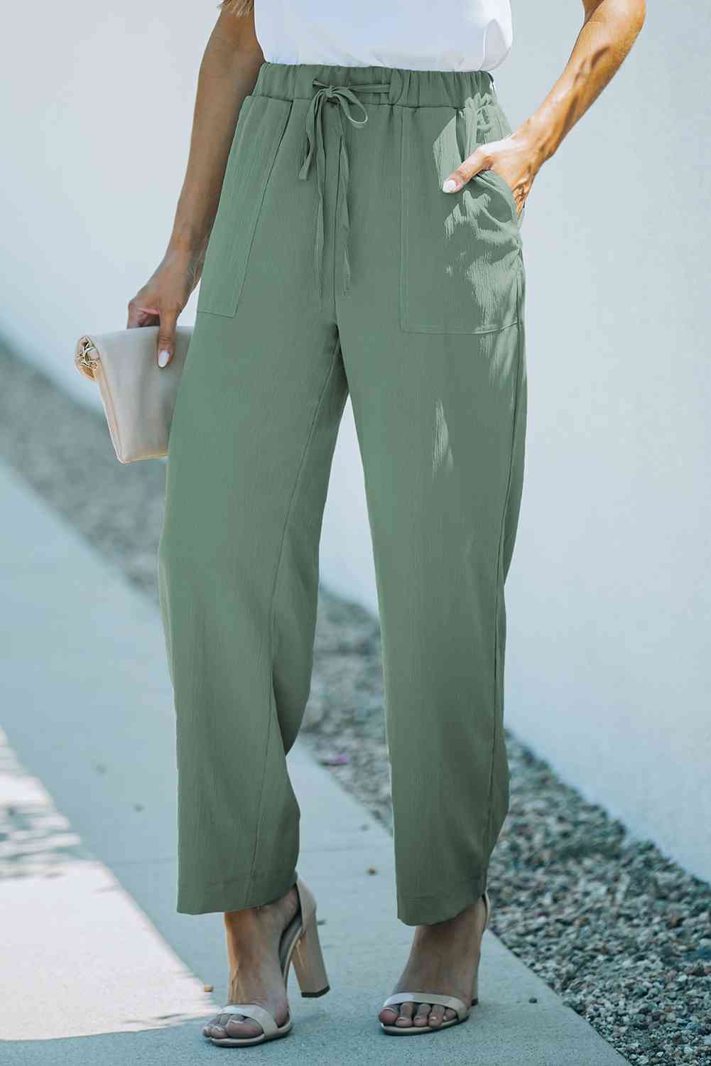 Drawstring Waist Crinkled Wide Leg Pants