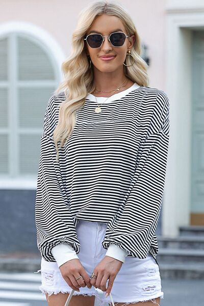 Striped Round Neck Dropped Shoulder Sweatshirt