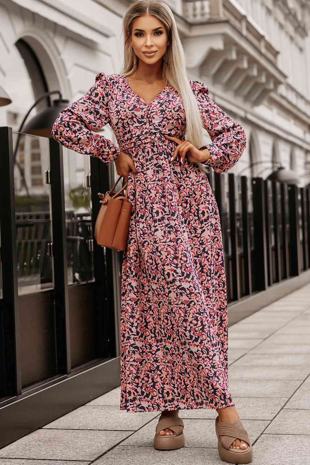 Printed V-Neck Long Sleeve Maxi Dress