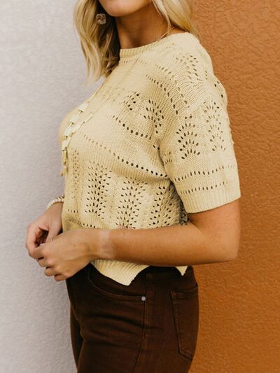 Openwork Round Neck Short Sleeve Sweater