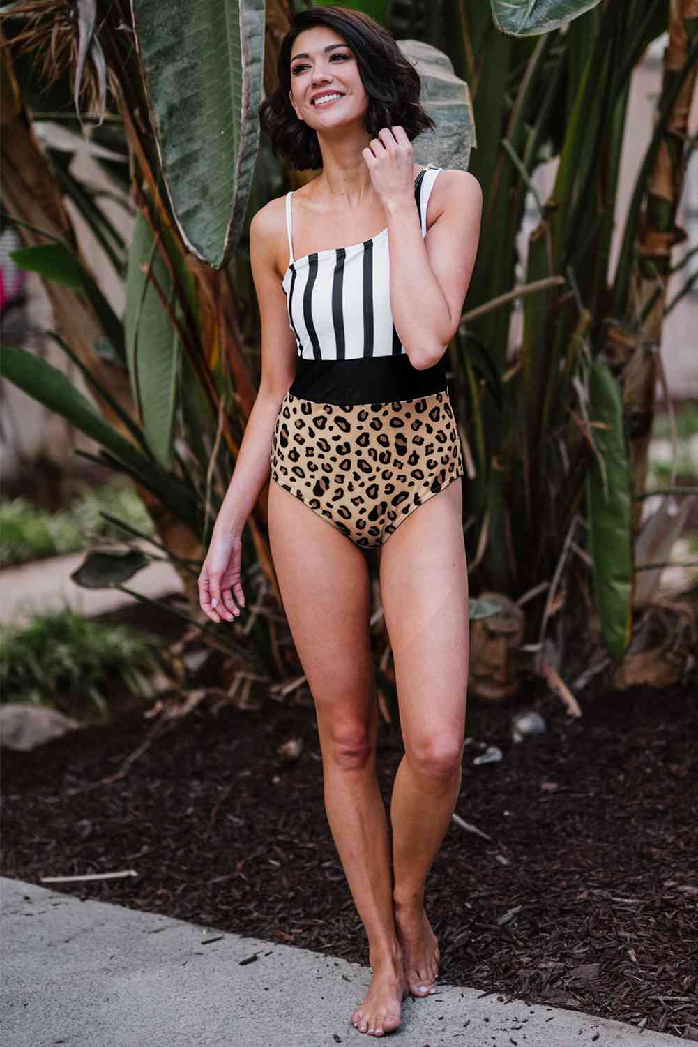 Mixed Print Asymmetrical Neck One-Piece Swimsuit