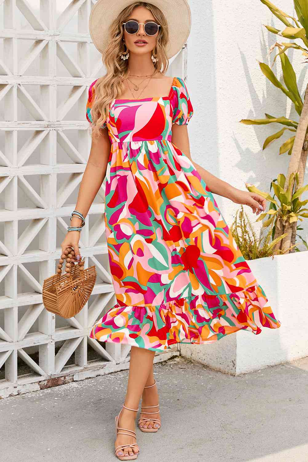 Printed Square Neck Short Sleeve Dress